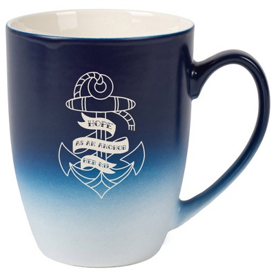 100 North Nautical 10 Ounce Navy Blue and White Two Toned Ombre, Comfortably Fits Your Hands, Ceramic Tea Coffee Cup Mug, Hope As An Anchor