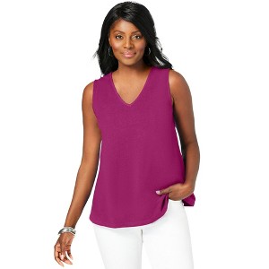 Jessica London Women's Plus Size Stretch Cotton V-Neck Trapeze Tank - 1 of 4