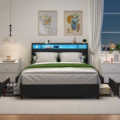 NicBex Full/Queen Upholstered Metal Bed Frame with Storage Ergonomic Headboard,Modern Platform Bed for Bedroom,No Box Spring Needed