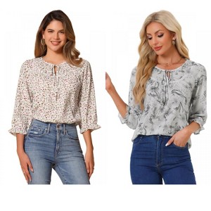 INSPIRE CHIC Women's Floral Bow Tie Neck Vintage 3/4 Sleeve Blouse 2 Packs - 1 of 4