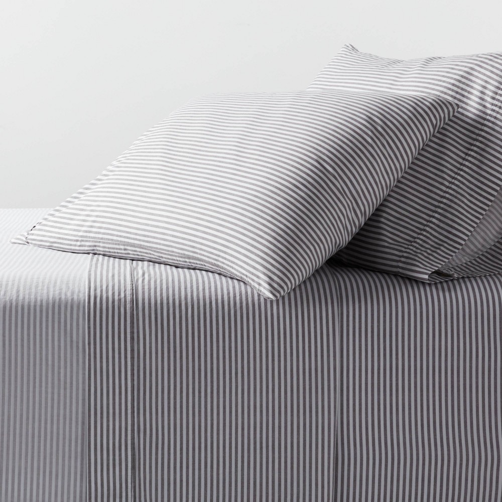 Photos - Bed Linen Queen Organic Percale Sheet Set Charcoal/White Stripe - Threshold™