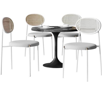 LeisureMod 5-PC Dining Set - 36" Round Dining Table Sintered Stone Top & Black Pedestal, 4 Velvet Dining Chairs in White Steel Legs