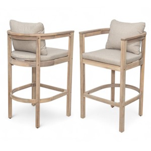 Wood Barstool Set with Beige Cushion, Acacia Wood Barstool with Backrest and Armrests, Set of 2 Barstools for Kitchen or Balcony-Koiai - 1 of 4
