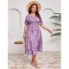 Womens Puff Sleeve Summer Maxi Dress Plus Size Smocked Ruffle Square Neck Casual Dress Cute Floral Long Dress Purple 3XL - 2 of 4