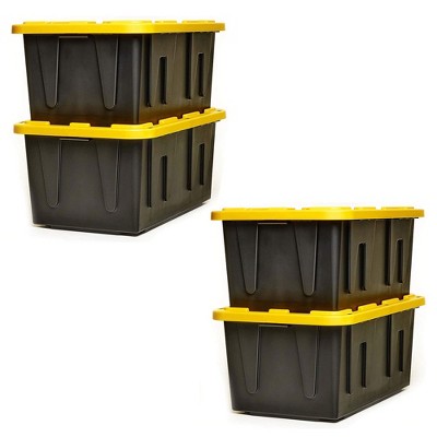 TOUGH BOX 27 Gal Stackable Storage Totes w/ Lids, Black and Yellow (4 pack)