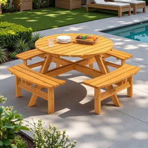 8-Person Outdoor Patio Fir Wood Round Picnic Dining Set with 4 Built-in Benches and Umbrella Hole - 1 of 4
