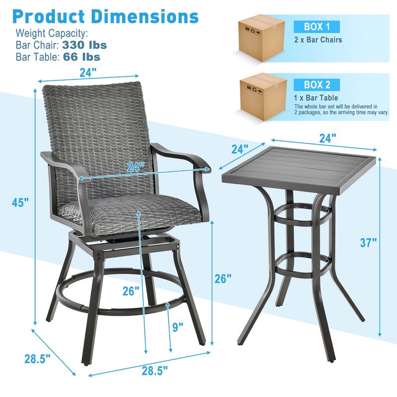 Costway 3PCS Patio Rattan Bar Table Stools Set Aluminum 360° Swivel Chairs with Padded Seat, 4 of 11