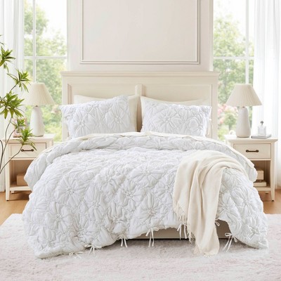 Kumasinova 2/3 PCS Twin Textured Floral Comforter Set with Bow Tie Accents,Soft Brushed Microfiber Bedding Set with Comforter & Sham,Machine Washable