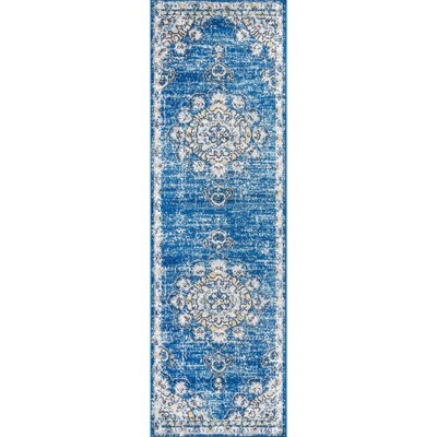 Blue and Cream Synthetic Medallion Runner Rug, 2'-3" x 8'