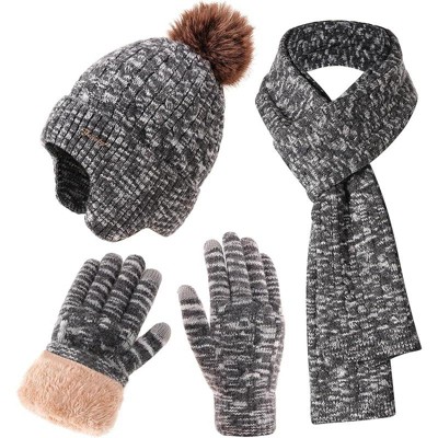 ZUPPAD Winter Hat Scarf Gloves Set for Women, Classic Cable Beanie with Removable Pom Pom Long Scarf Touchscreen Gloves 3 in 1 Set