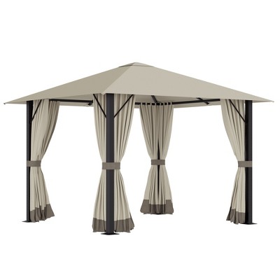 Outsunny 9.7' x 9.7' Patio Gazebo Aluminum Frame Outdoor Canopy Shelter with Sidewalls, Vented Roof for Garden, Lawn, Backyard, and Deck, Khaki