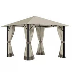 Outsunny 10' x 10' Patio Gazebo Aluminum Frame Outdoor Canopy Shelter with Sidewalls, Vented Roof for Garden, Lawn, Backyard and Deck, Khaki