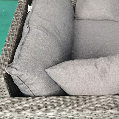 Gray Wicker Outdoor Loveseat with Cushions and Throw Pillows