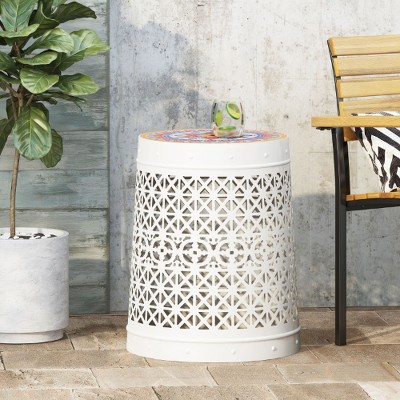 15" Tile Mosaic Lace-Cut Metal Outdoor End Table, Transitional Patio Accent Table, Patio Side Tables -Christopher Knight Home, White