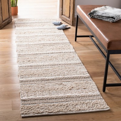 Ivory and Beige Striped Wool Cotton Runner Rug