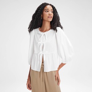 Women's Puff 3/4 Sleeve Tie-Front Blouse - A New Day™ White XXL
