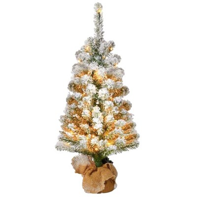 King of Christmas 3ft Pre-Lit Snow Flocked Artificial Christmas Tree, King Flock Tabletop Christmas Tree with Lights