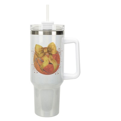 Elanze Designs 40 Ounce Stainless Steel Double Wall Insulated Glitter Travel Tumbler With Handle, Straw, and Lid, Basketball Red Paint Splatter White