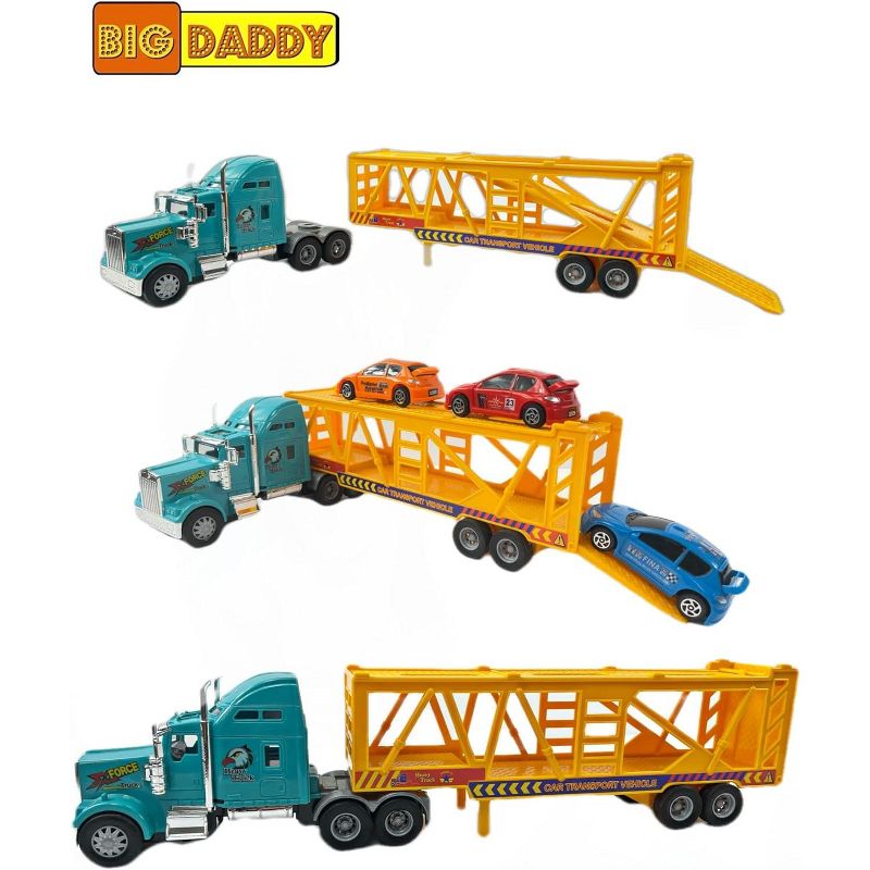 Big Daddy Heavy Duty Tractor Trailer Race Car Transport Toy Truck with 3 Cars, 4 of 6