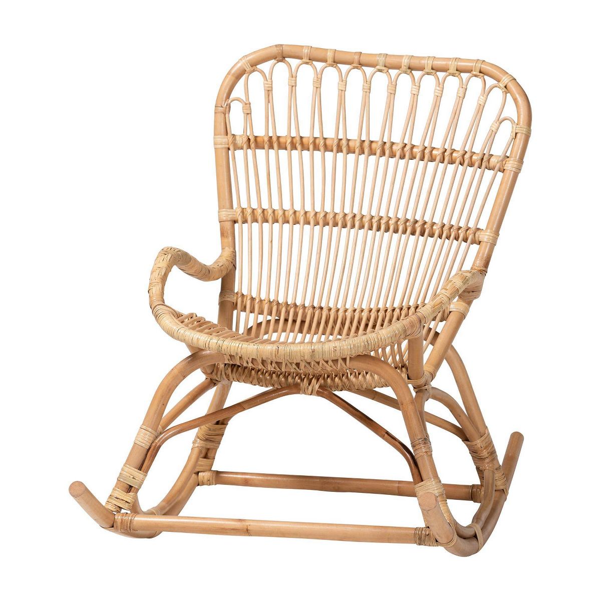 bali & pari Mahin Natural Rattan Rocking Chair Accent Rocker with Curved Armrests Brown