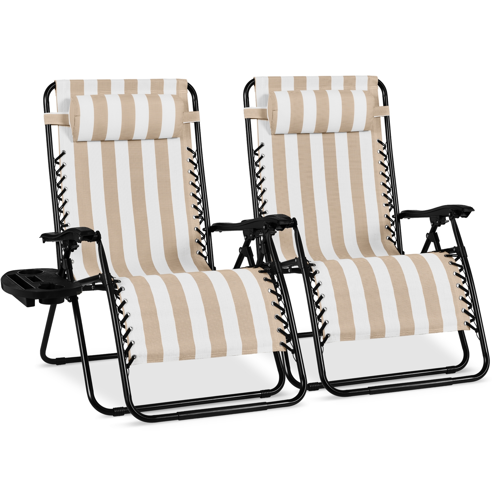 Best Choice Products Set of 2 Extra Wide Zero Gravity Lounge Chair Recliners w/ Cup Holder - Tan Stripes