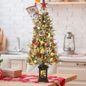 3-foot Christmas tree, compact pre-lit artificial Christmas tree with 78 LED lights, snow-covered tree with brown base for home festive decoration - 1 of 4