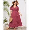 Womens Plus Size V Neck Wrap Maxi Dress High Waist Ruffle Summer Casual Dress with Belt - 3 of 4