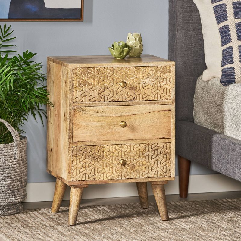 Lytle Boho Handcrafted Mango Wood 3 Drawer Nightstand Natural - Christopher Knight Home, 3 of 12