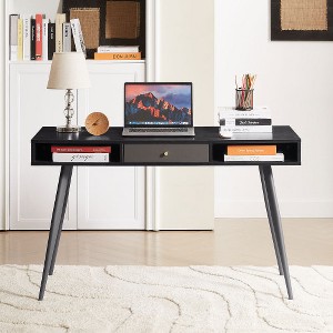 LIVAREEmlen Mid Century Desk with USB Ports and Power Outlet, Modern Writing Study Desk with Drawers, Multifunctional Home Office Computer Desk, Black - 1 of 4