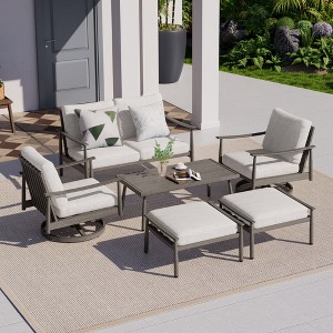 HAPPATIO 6 Pieces Aluminum Outdoor Conversation Set with 1 Loveseat,Coffee Table, 2 Swivel Chairs and Ottomans - 1 of 4