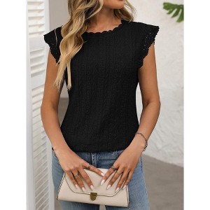 Women's Lace Panel Short Sleeve Tee - Solid Color Crewneck Cropped Top - 1 of 4