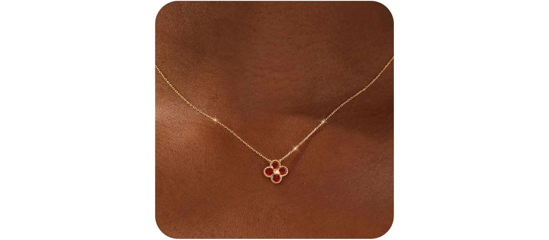Non Tarnish 14K Gold Plated Four Leaf Clover Necklace Trendy CZ Emerald Pendant Necklace Jewelry