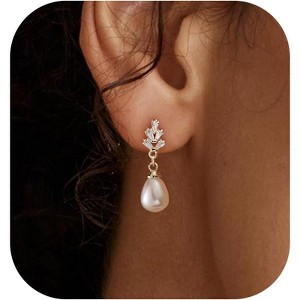 Pearl Earrings: 14k Gold-plated Cubic Zirconia Accented Pearl Drop Dangle Wedding Engagement Earrings For Women Bridal Bridesmaid - 1 of 4