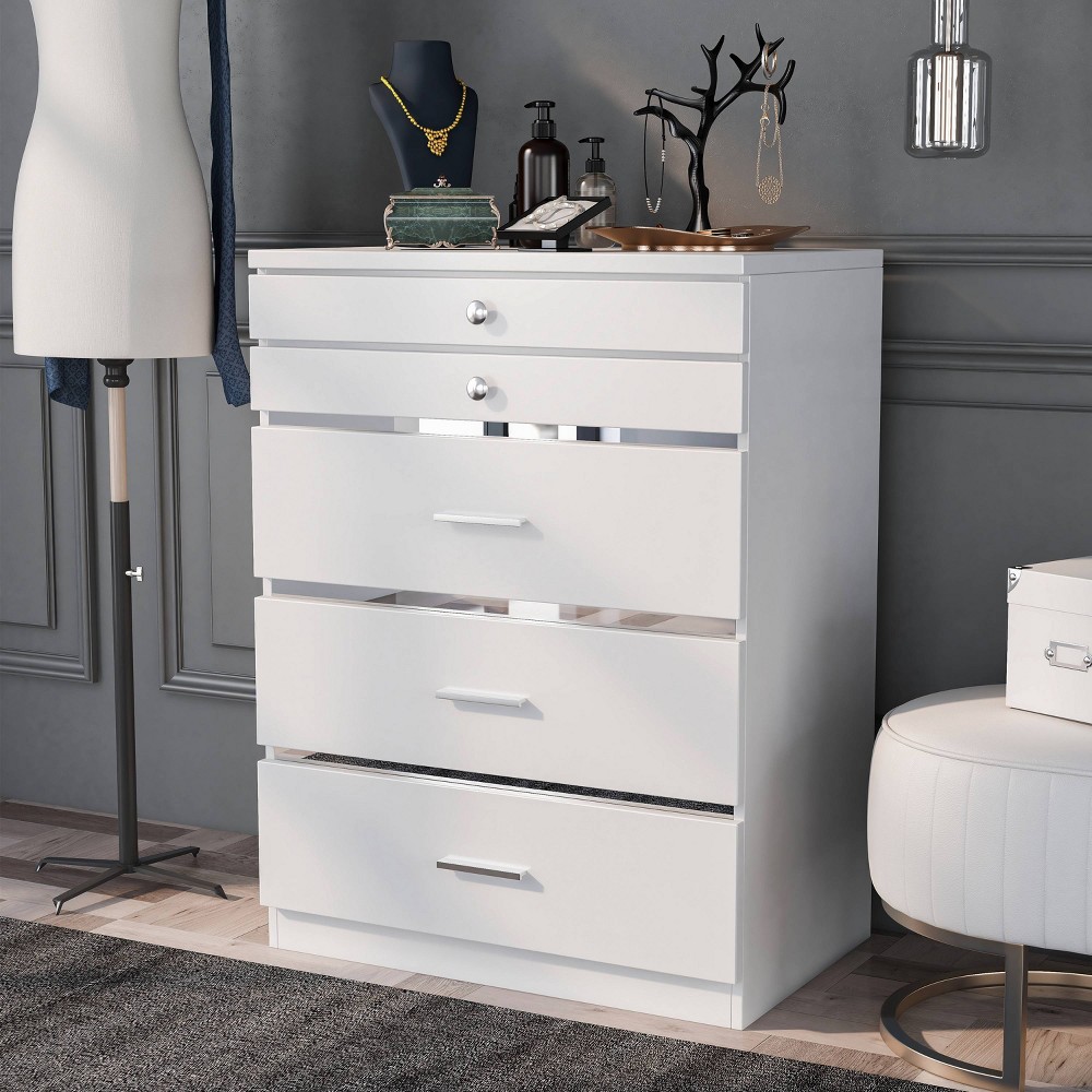 Garneta 5 Drawer Chest with Jewelry Drawers White - HOMES: Inside + Out: Modern MDF Bedroom Storage, Vertical Design