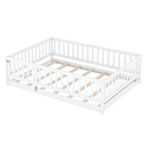 Ridstar 77 in. W Children's Wooden Full-Size Floor-Standing Bed Frame with Slats, Rails & Door for Girls & Boy-White - 1 of 4