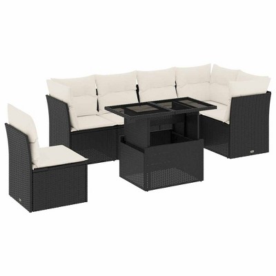 vidaXL 7 Piece Patio Sofa Set with Cushions Black and Cream Poly Rattan