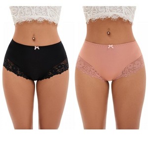 INSPIRE CHIC 2 Pcs Women's Lace Trim High Waist Briefs Seamless Lace Back Underwear Panties - 1 of 4