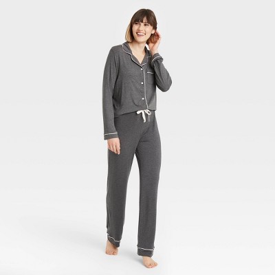 Image of Women's Beautifully Soft Long Sleeve Notch Collar Top and Pants Pajama Set - Stars Above™ Heathered Gray XXL