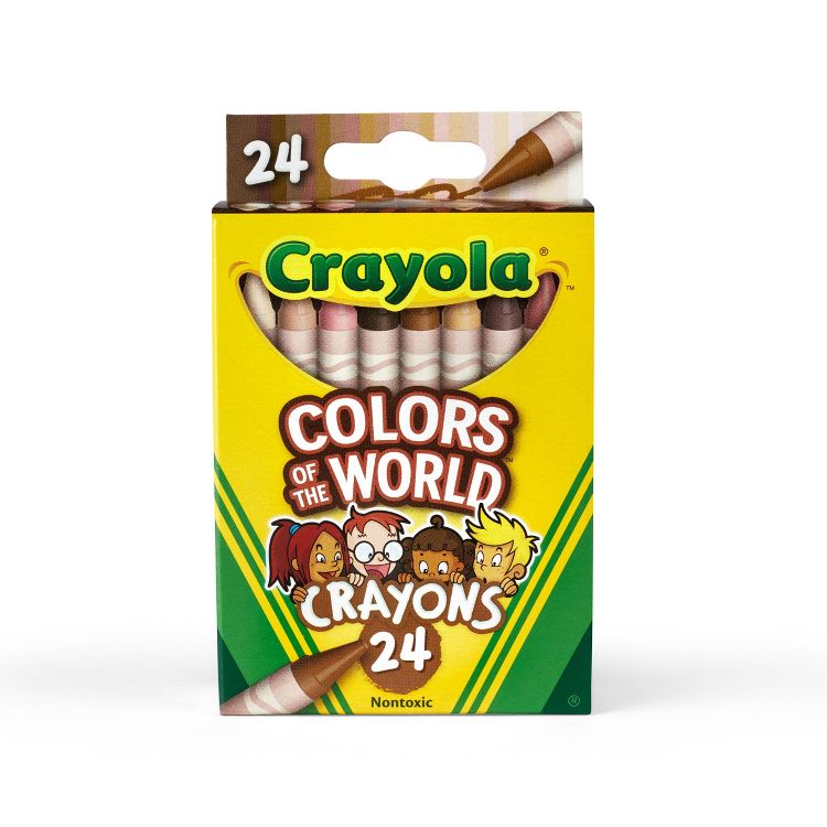 A box of Crayola "Colors of the World" crayons containing 24 different shades, with the number 24 and the word "Nontoxic" visible on the packaging.