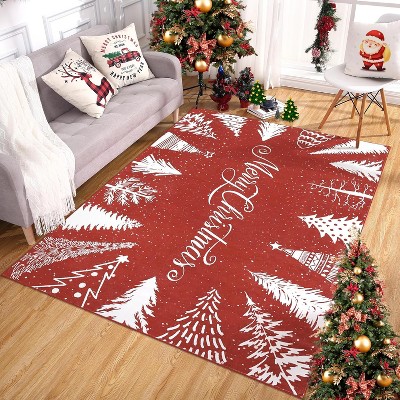 5x7 Red Christmas Tree Area Rug, Washable Low Pile Non-Slip Faux Wool Floor Carpet for Living Room Bedroom