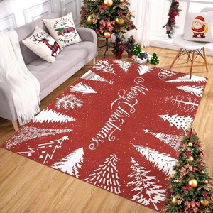 4x6 Merry Christmas Area Rug, Washable Low Pile Non-Slip Non-Shedding Xmas Tree Carpet for Bedroom Living Room, Red - 1 of 4