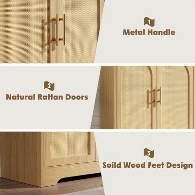 Close-up features highlight: metal handles, natural rattan doors, solid wood feet
