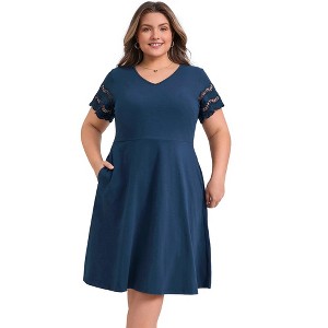 GRACE & GRANDEUR Women's Plus Size Summer Comfty Knit V-Neck Elastic Waist A-Line Hollow Out Short Sleeve Dresses with Pockets - 1 of 4