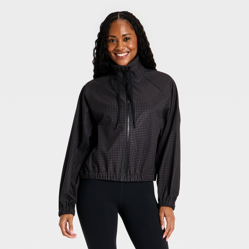 Women's Picot Trim Windbreaker Jacket - All In Motion™ Black Gingham Print XXL