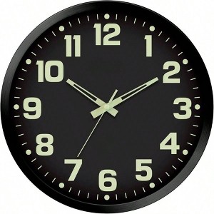 Glow in Dark Atomic Analog Wall Clock 12 inch with Black Frame Sets Automatically Easy to Read Day or Night - 1 of 4