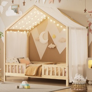 KWPZQEB Canopy Bed for Kids, Montessori Floor Bed Frame with High Guardrails and Roof, Wood Toddler Bed Frame for Girls & Boys - 1 of 4