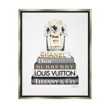 Stupell Industries Blooming White Floral Display on Glam Designer Bookstack Metallic Gold Framed Floating Canvas Wall Art, 24x30, by Amanda Greenwood