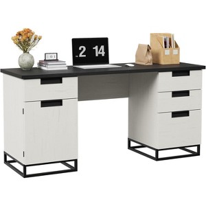 59" Farmhouse Executive Desk with File Drawer & Storage Cabinet, Wooden Home Office Computer Table with 3 Drawers - 1 of 4