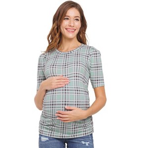 Hello Miz Women's Ribbed Puff Sleeve Side Ruched Maternity Top - 1 of 4