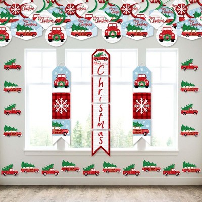 Big Dot of Happiness Merry Little Christmas Tree - Wall and Door Hanging Decor - Red Truck and Car Christmas Party Room Decoration Kit